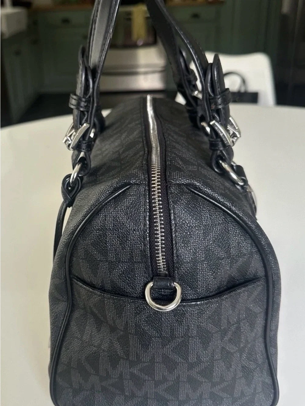 Michael Kors Black MK Logo Dome Satchel with Silver Hardware Grayson